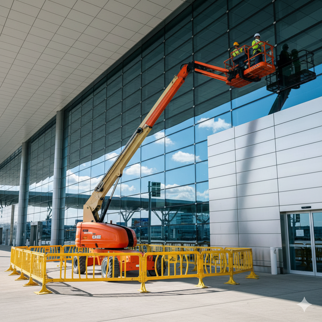 Boom lift working at height on a building in Chennai